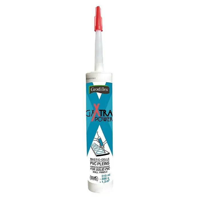 Grosfillex Pegamento adhesivo GX Extra Power - 310 ml - Un tubo de adhesivo de PVC Grosfillex GEXTRA Power, ideal para pegar paneles de pared de PVC, que ofrece alta adhesión y una fórmula sin disolventes.