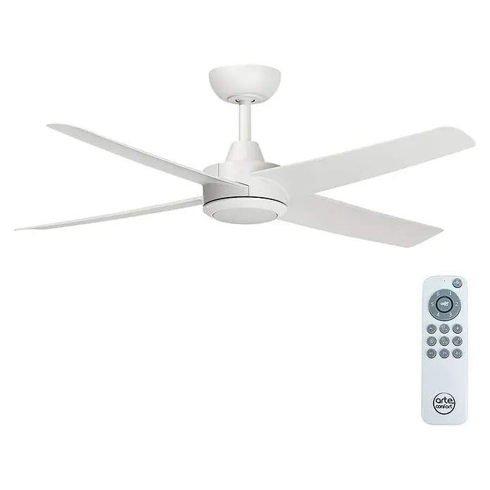 Arte confort Ventilador de techo Tirana - Blanco, 122 cm, 35 W, Blanco cálido - Ventilador de techo con mando a distancia. El ventilador de techo es blanco y tiene cinco aspas. El mando a distancia también es blanco.