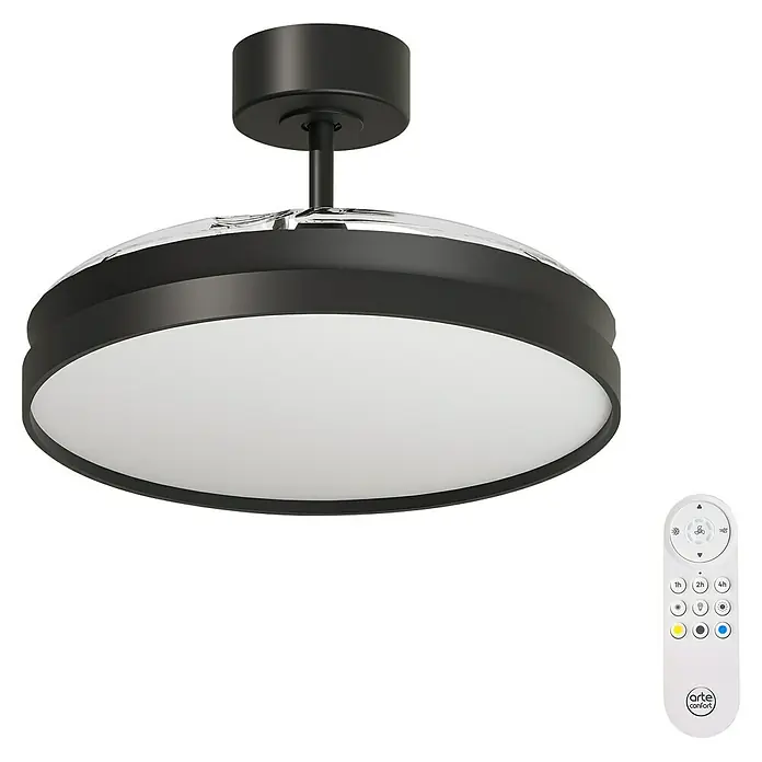 Arte confort Ventilador de techo Cairo - Negro, 112 cm, 35,8 W, Blanco cálido - Un ventilador de techo moderno con iluminación LED integrada y control remoto, perfecto para un diseño de habitación elegante y confortable.