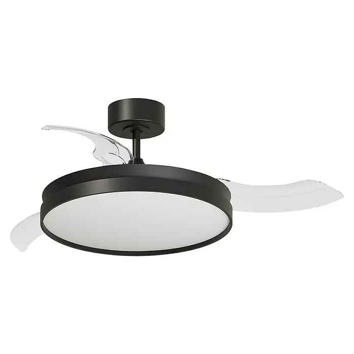Arte confort Ventilador de techo Cairo - Negro, 112 cm, 35,8 W, Blanco cálido - Ventilador de techo moderno con carcasa negra y palas transparentes para iluminación y circulación de aire elegantes.