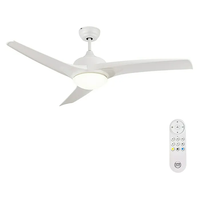 Arte confort Ventilador de techo Cascais - Blanco, 132 cm, 30 W, Blanco cálido - Ventilador de techo blanco con tres aspas y un mando a distancia para ajustar la velocidad y controlar la iluminación.