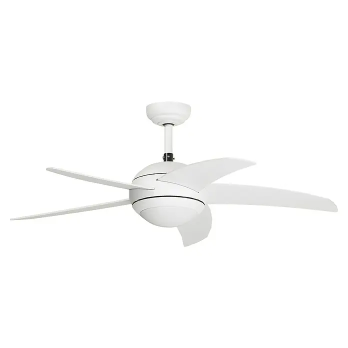 Arte confort Ventilador de techo Rocio - Blanco, 132 cm, 39 W, Blanco cálido - Primer plano de un ventilador de techo blanco con cinco palas sobre un fondo negro.