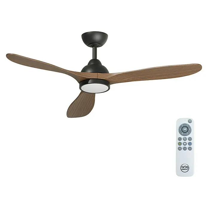 Arte confort Ventilador de techo Kenia - Roble negro, 132 cm, 34 W, Blanco cálido - Lámpara de techo moderna con tres aspas de madera marrón y soporte de techo negro, mando a distancia incluido.