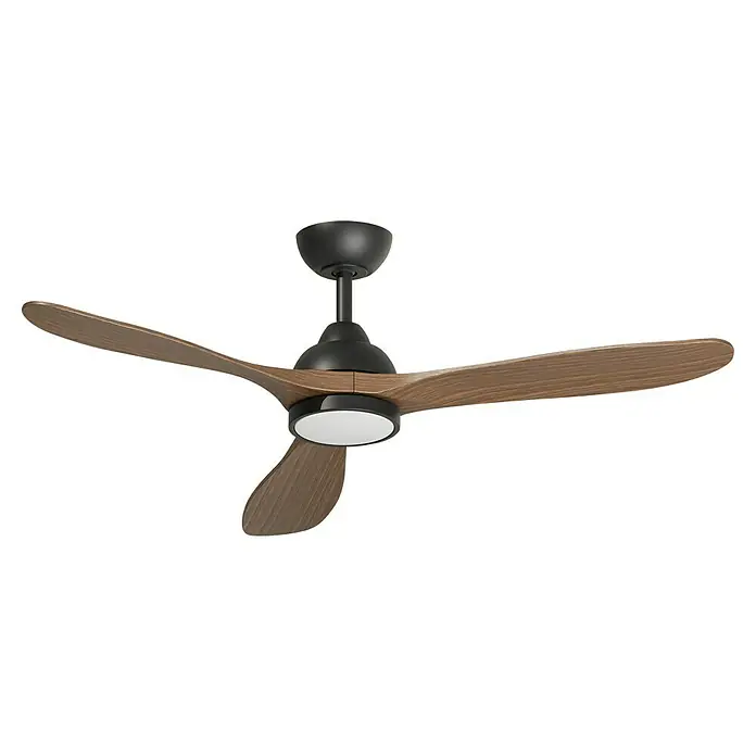 Arte confort Ventilador de techo Kenia - Roble negro, 132 cm, 34 W, Blanco cálido - Ventilador de techo con tres palas de madera y soporte negro con luz LED integrada para una iluminación elegante.