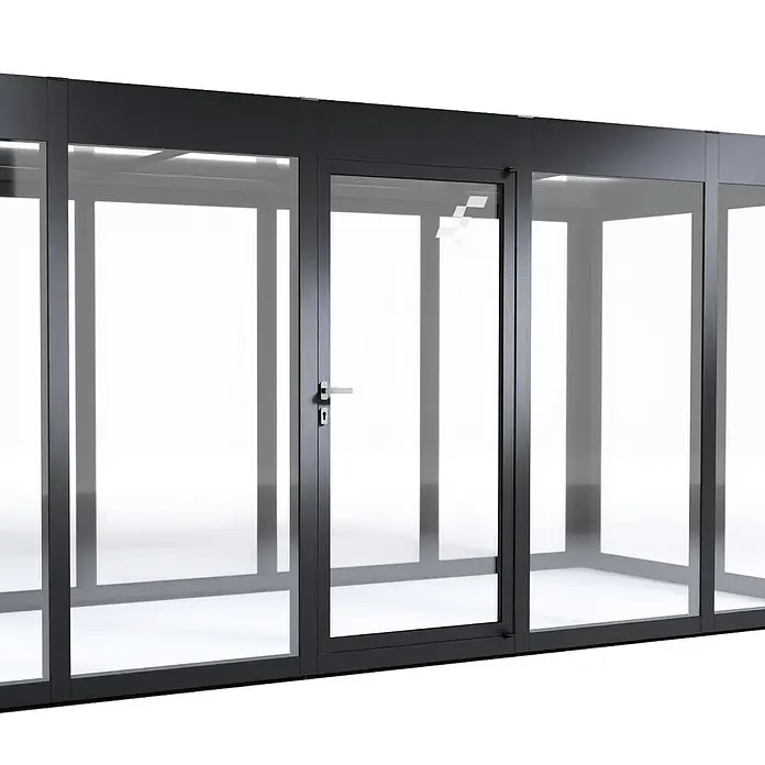 SunElements Gewächshaus-Tür - Passend für: Sun Garden Gewächshäuser Infinity & Energy in Anthrazit-Metallic, Anthrazit-Metallic - Ein modernes Glas-Schiebetürsystem mit schlanken, dunklen Rahmen für einen stilvollen Übergang im Innenbereich.