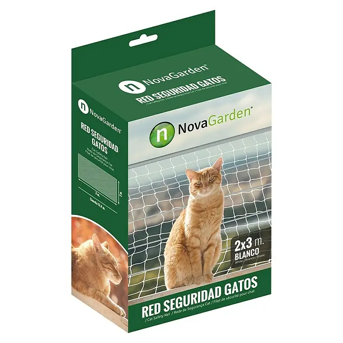 Red de protección para gatos - 2 x 3 m, Poliéster - Caja de red de seguridad para gatos NovaGarden, 2x3 m, versión blanca, con motivos de gatos.