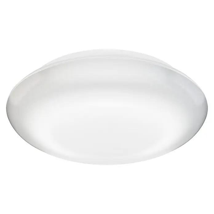 Steinel LED-Außendeckenleuchte DL Vario Quattro S WW weiß - 9,8 W, L x B x H: 31 x 31 x 6,9 cm, Weiß, IP54 - Nahaufnahme einer modernen, runden Deckenleuchte mit einem schlichten, weißen Diffusor, ideal für eine dezente Beleuchtung im Raum.