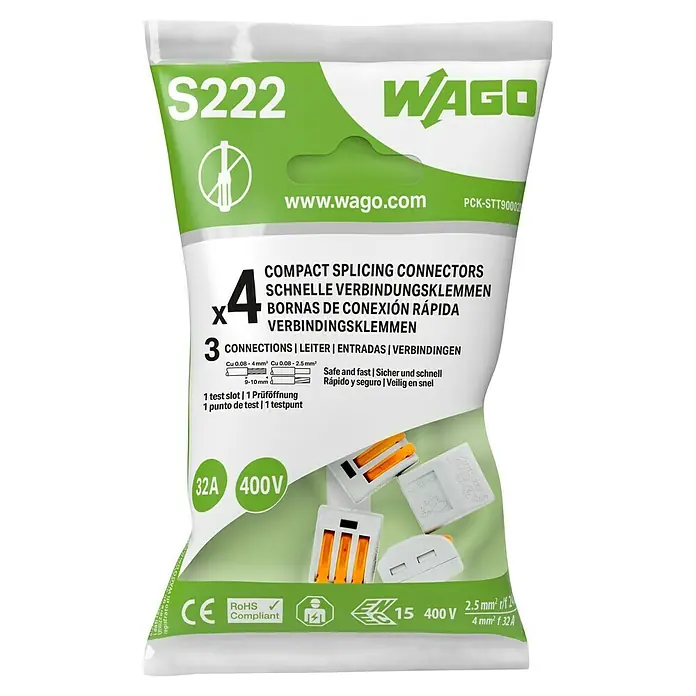 Wago Conector rápido - 400 V, 32 A, 4 ud., 3 entradas - Paquete de conectores de empalme compactos WAGO S222 con 4 conectores para conexiones eléctricas seguras y rápidas hasta 32A y 400V.