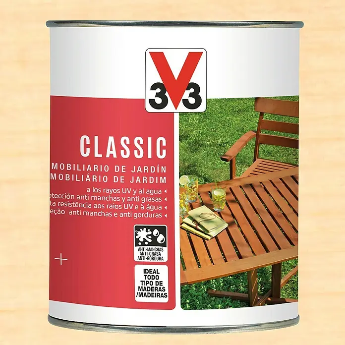 V33 Aceite para teca Classic - 750 ml, Incoloro, Mate - Bote de lasur para madera V33 Classic para mobiliario de jardín, protege contra los rayos UV, el agua, las manchas y la grasa. Ideal para todo tipo de madera.