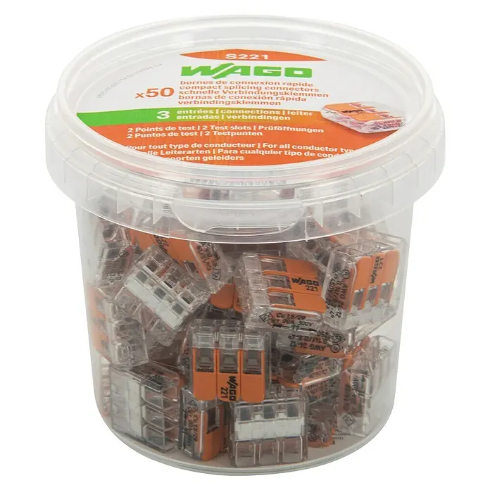 Wago Conector rápido - 450 V, 32 A, 50 ud., 3 entradas - Bote de conectores WAGO S221, conectores de empalme compactos para todo tipo de conductores, ideal para conexiones eléctricas rápidas y seguras.