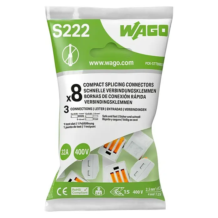 Wago Conector rápido - 400 V, 32 A, 8 ud., 3 entradas - Imagen de un paquete de conectores de empalme WAGO S222 COMPACT, que muestra el logotipo, los datos técnicos y una vista previa de los conectores.