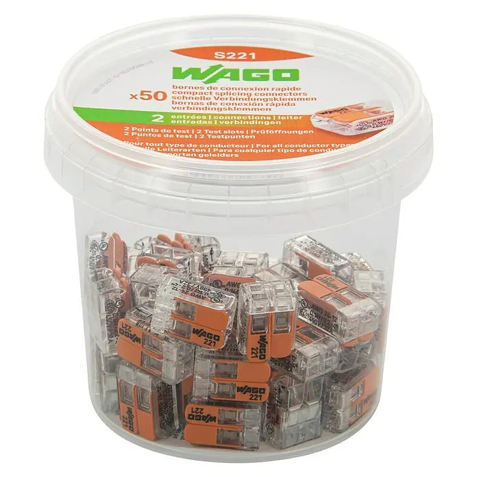 Wago Conector rápido - 450 V, 32 A, 50 ud., 2 entradas - Un recipiente lleno de conectores WAGO 221, ideales para conexiones eléctricas rápidas y seguras en varias aplicaciones.