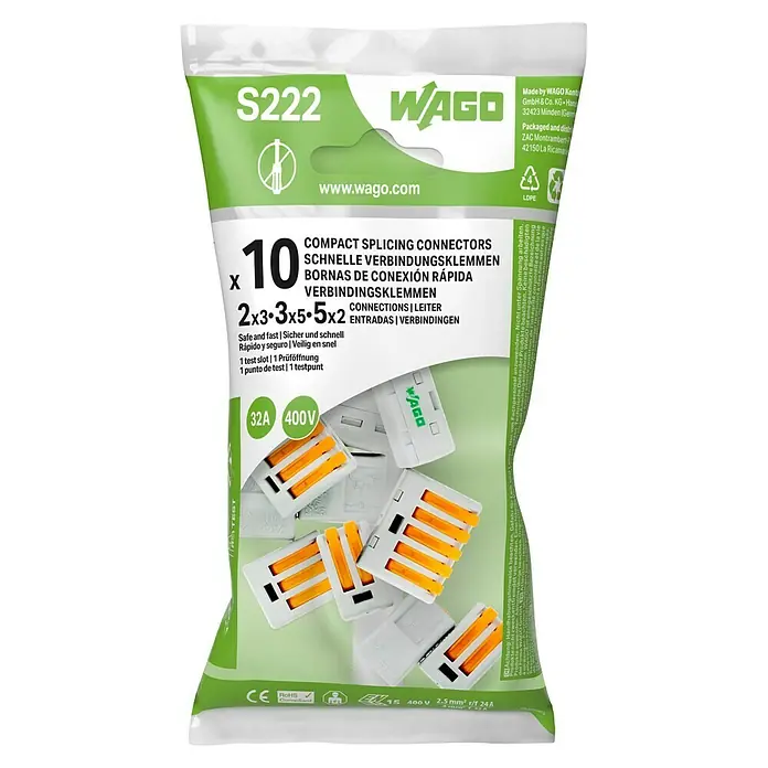Wago Conector rápido S222 - 400 V, 32 A, 10 ud. - Imagen de un paquete de conectores de empalme WAGO S222, compactos, seguros y rápidos para conexiones eléctricas de hasta 32A.