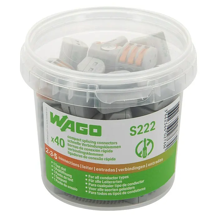 Wago Conector rápido - 400 V, 32 A, 40 ud. - Envase de 40 conectores de empalme compactos WAGO S222 para todo tipo de conductores, perfectos para conexiones eléctricas rápidas.