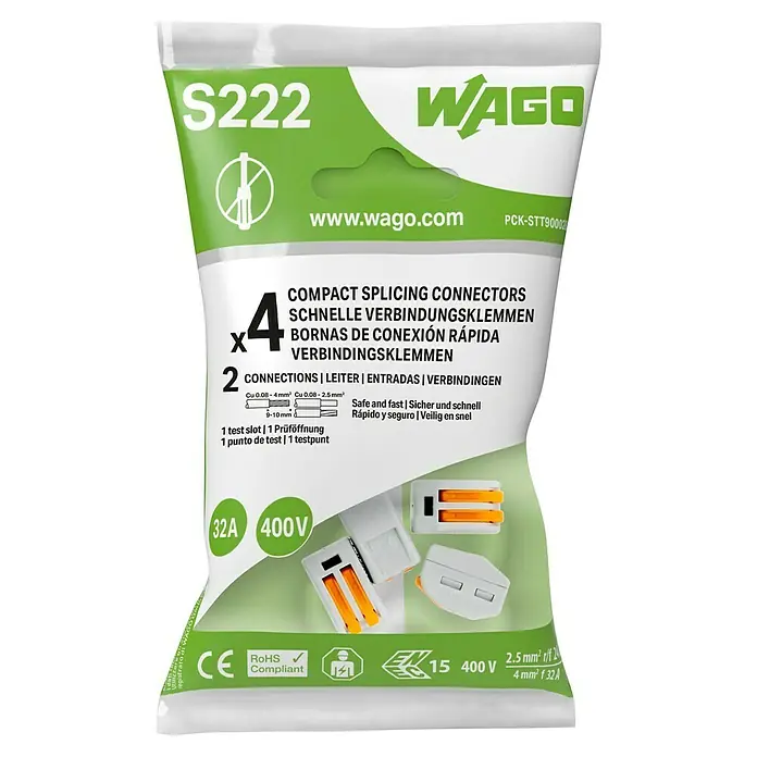 Wago Conector rápido - 400 V, 32 A, 4 ud., 2 entradas - Kit de conectores de empalme WAGO S222, con 4 unidades, para conexiones eléctricas rápidas y seguras.
