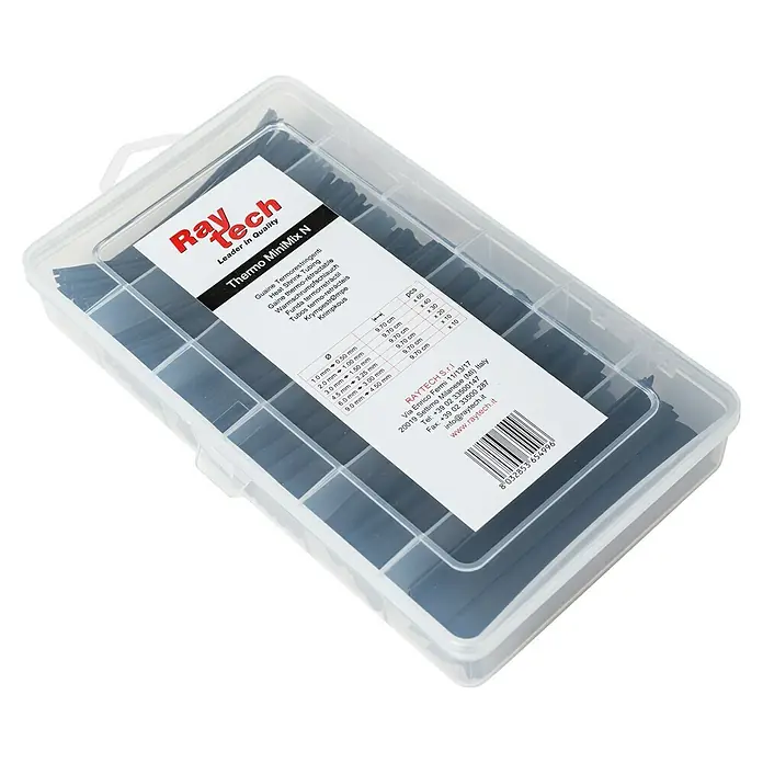 RayTech Tubo termorretráctil - Plástico, Negro - Kit de tubos termorretráctiles Raytech Thermo MiniMix N, tamaños surtidos para aplicaciones versátiles en una práctica caja de almacenamiento.