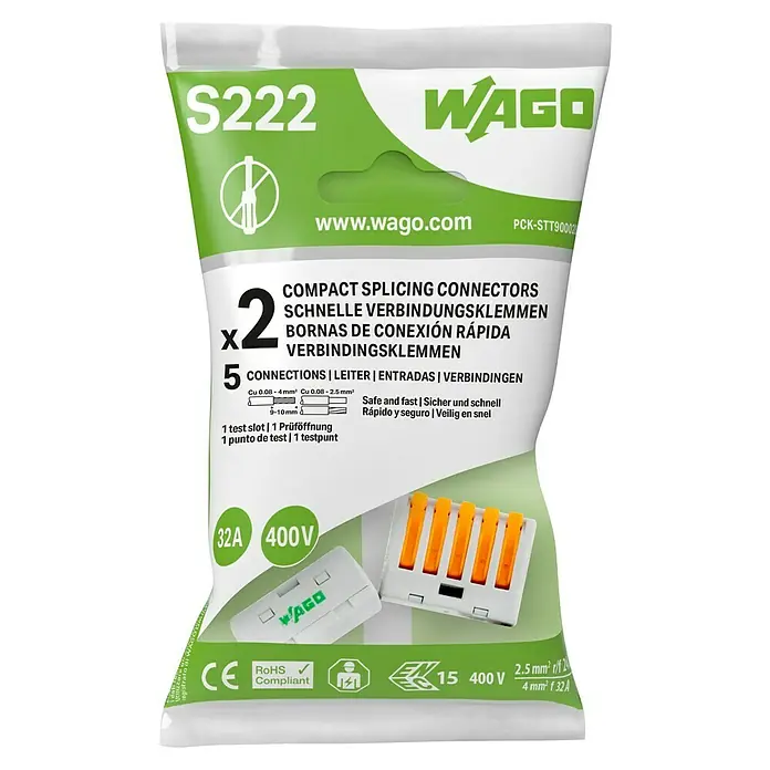 Wago Conector rápido - 400 V, 32 A, 2 ud. - Imagen de los conectores de empalme COMPACT Wago S222 para conexiones eléctricas seguras y rápidas hasta 32A/400V.