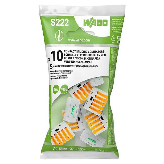 Wago Conector rápido - 400 V, 32 A, 10 ud., 5 entradas - Imagen de un paquete de conectores de empalme compactos WAGO S222. Diseñados para conexiones eléctricas seguras y rápidas.