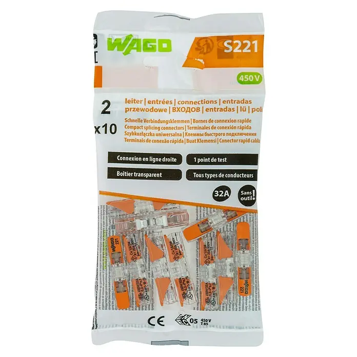 Wago Conector rápido S221 - 400 V, 32 A, 10 ud. - Imagen de un juego de conectores de empalme WAGO S221, ideal para conexiones eléctricas rápidas y seguras.