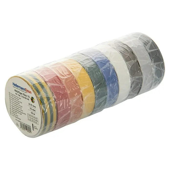 Ibelec Cinta aislante - 6 x 6 x 1,5 mm, Plástico - Imagen de un paquete de cinta aislante HellermannTyton HelaTape Flex 15, que muestra varios colores en un paquete sellado.