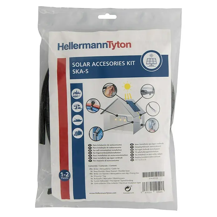 HellermannTyton Kit de accesorios para instalación solar SKA-S - 6 pzs. - Kit de accesorios solares SKA-S de HellermannTyton. El kit contiene bridas, bases flexibles, bridas de fijación, etiquetas, bolígrafo, espiral y cinta aislante.