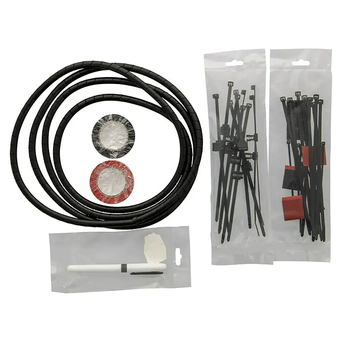 HellermannTyton Kit de accesorios para instalación solar SKA-S - 6 pzs. - La imagen muestra un kit de gestión de cables, con envoltura de cable, bridas y materiales de etiquetado. Ideal para la organización de cables.
