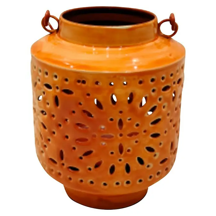 Laterne - Ø x H: 12 x 12,5 cm, Farblich sortiert - Dekorative orangefarbene Laterne mit filigranem Muster und Henkeln für stimmungsvolle Beleuchtung.