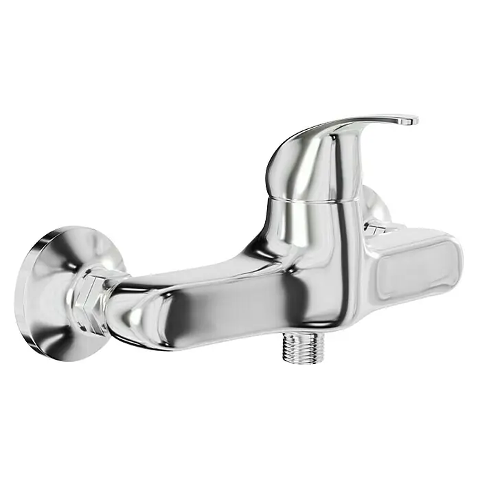 Mixomat Sirani Grifo monomando de ducha Athos Plus - Cromo, Resplandeciente - Primer plano de un grifo de pared cromado brillante, ideal para baño o cocina, mostrando un diseño elegante y de alta calidad.