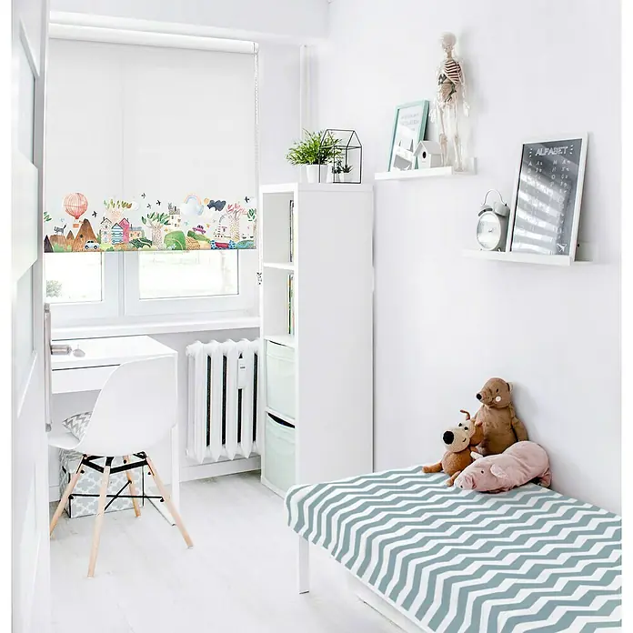 Estor enrollable Paisaje - An x Al: 90 x 190 cm, Blanco, Formas y patrones - Esta luminosa habitación infantil cuenta con un colorido estor enrollable con temática de ciudad, que añade un toque lúdico.