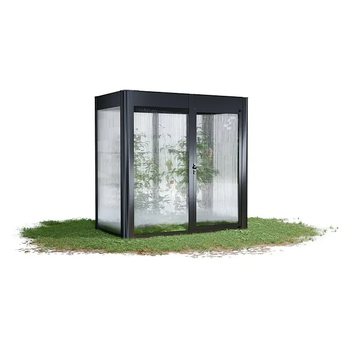 SunElements Gewächshaus SunGarden Select 2.1 - Außenmaß inkl. Dachüberstand (B x T): 233 x 128 cm, Material Seitenwand: Kunststoff, 10 mm, Anthrazit-Metallic - Das Bild zeigt ein Gewächshaus mit Pflanzen darin. Das Gewächshaus hat eine dunkle Metallstruktur und durchsichtige Wände für optimales Pflanzenwachstum.