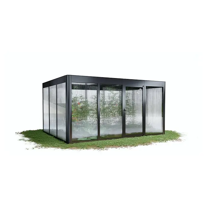 SunElements Gewächshaus SunGarden Select 4.3 - Außenmaß inkl. Dachüberstand (B x T): 443 x 338 cm, Material Seitenwand: Kunststoff, 10 mm, Anthrazit-Metallic - Nahaufnahme eines modernen Gewächshauses mit Pflanzen darin, das eine stilvolle und praktische Lösung für Gartenliebhaber bietet.