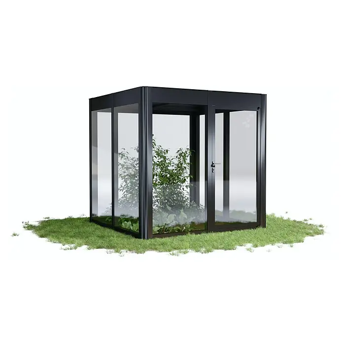 SunElements Gewächshaus SunGarden Infinity 2.2 - Außenmaß inkl. Dachüberstand (B x T): 233 x 233 cm, Material Seitenwand: Kunststoff, 6 mm, Anthrazit-Metallic - Nahaufnahme eines Mini-Gewächshauses mit Pflanzen darin, das auf Gras steht, ideal für den Garten.