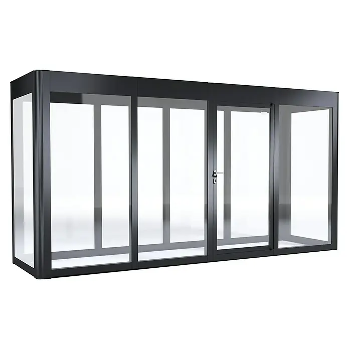 SunElements Gewächshaus SunGarden Energy 4.1 - Außenmaß inkl. Dachüberstand (B x T): 443 x 128 cm, Anthrazit-Metallic, Materialspezifizierung Dach: Acrylglas mit Photovoltaikmodulen - Nahaufnahme einer modernen schwarzen Aluminium-Glas-Kabine, die Design und Funktionalität vereint. Ideal für Büros oder Ausstellungsräume.