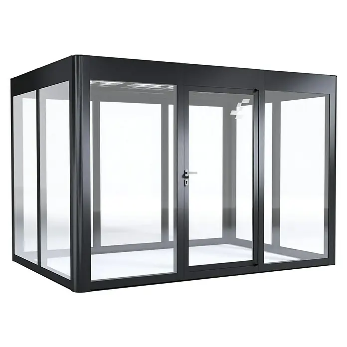 SunElements Gewächshaus SunGarden Energy 3.2 - Außenmaß inkl. Dachüberstand (B x T): 338 x 233 cm, Anthrazit-Metallic, Materialspezifizierung Dach: Acrylglas mit Photovoltaikmodulen - Schwarze Telefonzelle mit Glastüren und Rahmen. Die Telefonzelle bietet einen ruhigen Raum für Anrufe und Konzentration.