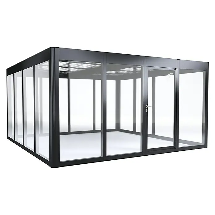 SunElements Gewächshaus SunGarden Energy 4.4 - Außenmaß inkl. Dachüberstand (B x T): 443 x 443 cm, Anthrazit-Metallic, Materialspezifizierung Dach: Acrylglas mit Photovoltaikmodulen - Moderne, schwarze Glaskonstruktion mit Tür. Ein stilvoller Anbau mit viel Tageslicht für Ihr Zuhause oder Büro.