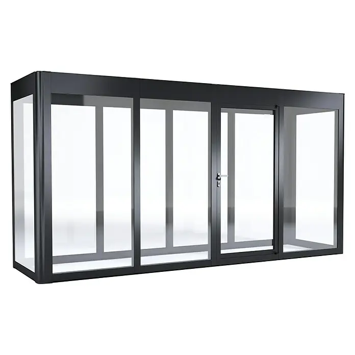 SunElements Gewächshaus SunGarden Infinity 4.1 - Außenmaß inkl. Dachüberstand (B x T): 443 x 128 cm, Material Seitenwand: Kunststoff, 6 mm, Anthrazit-Metallic - Aufnahme eines modernen Windfangs mit Rahmen aus dunklem Metall und klaren Glasscheiben, ideal für den Eingangsbereich.