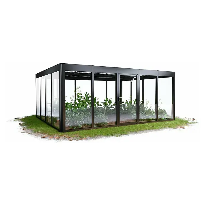 SunElements Gewächshaus SunGarden Energy 5.4 - Außenmaß inkl. Dachüberstand (B x T): 548 x 443 cm, Anthrazit-Metallic, Materialspezifizierung Dach: Acrylglas mit Photovoltaikmodulen - Ein Gewächshaus mit Pflanzen. Das Gewächshaus ist aus Glas und Metall gefertigt und steht auf einer Rasenfläche.