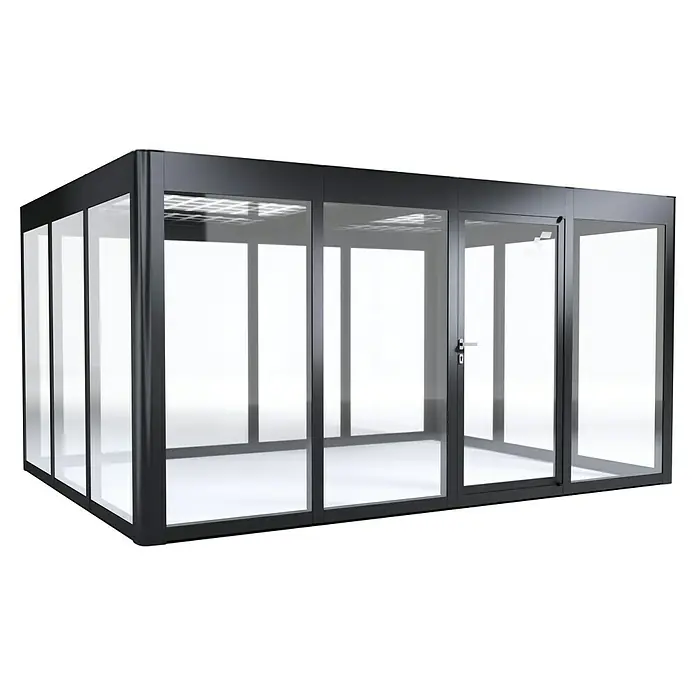 SunElements Gewächshaus SunGarden Energy 4.3 - Außenmaß inkl. Dachüberstand (B x T): 443 x 338 cm, Anthrazit-Metallic, Materialspezifizierung Dach: Acrylglas mit Photovoltaikmodulen - Modernes Büro-Pod-Design mit Glaswänden und schwarzem Rahmen für ruhige Arbeitsbereiche. Schafft Privatsphäre im Großraumbüro.