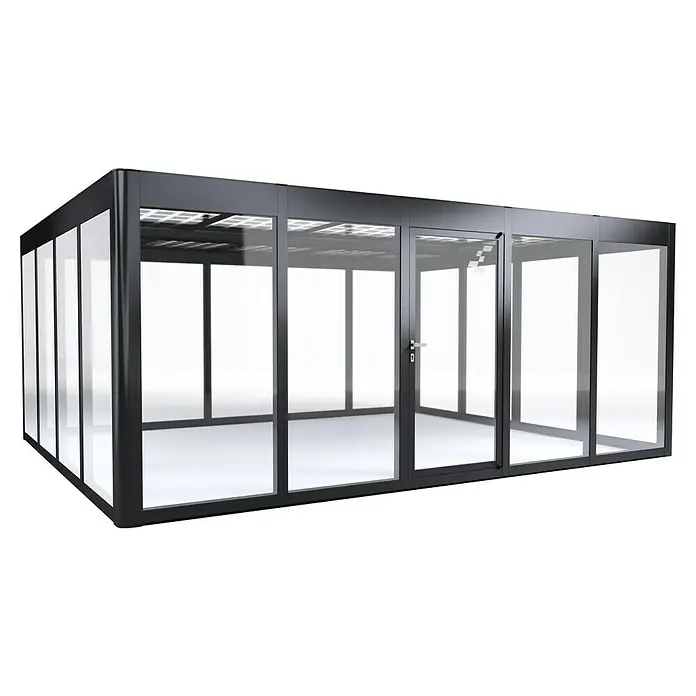SunElements Gewächshaus SunGarden Energy 5.4 - Außenmaß inkl. Dachüberstand (B x T): 548 x 443 cm, Anthrazit-Metallic, Materialspezifizierung Dach: Acrylglas mit Photovoltaikmodulen - Elegante Glaskonstruktion mit dunklem Rahmen. Das Design bietet viel Tageslicht und eine moderne Ästhetik für jeden Außenbereich.