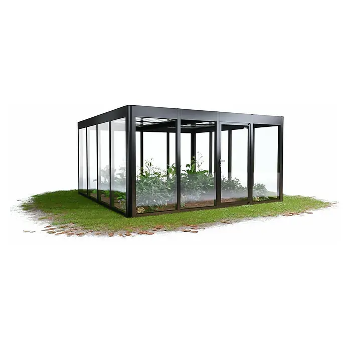 SunElements Gewächshaus SunGarden Energy 4.4 - Außenmaß inkl. Dachüberstand (B x T): 443 x 443 cm, Anthrazit-Metallic, Materialspezifizierung Dach: Acrylglas mit Photovoltaikmodulen - Das Bild zeigt ein modernes Gewächshaus mit Pflanzen darin. Es hat ein schwarzes Metallrahmendesign mit klaren Glasscheiben, um die Pflanzen gut zu präsentieren.
