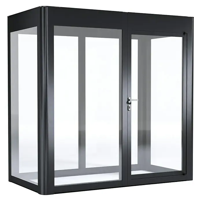 SunElements Gewächshaus SunGarden Energy 2.1 - Außenmaß inkl. Dachüberstand (B x T): 233 x 128 cm, Anthrazit-Metallic, Materialspezifizierung Dach: Acrylglas mit Photovoltaikmodulen - Ein modernes, schwarzes Raum-in-Raum-System mit Glastüren und schlanken Rahmen für Büros oder öffentliche Bereiche.