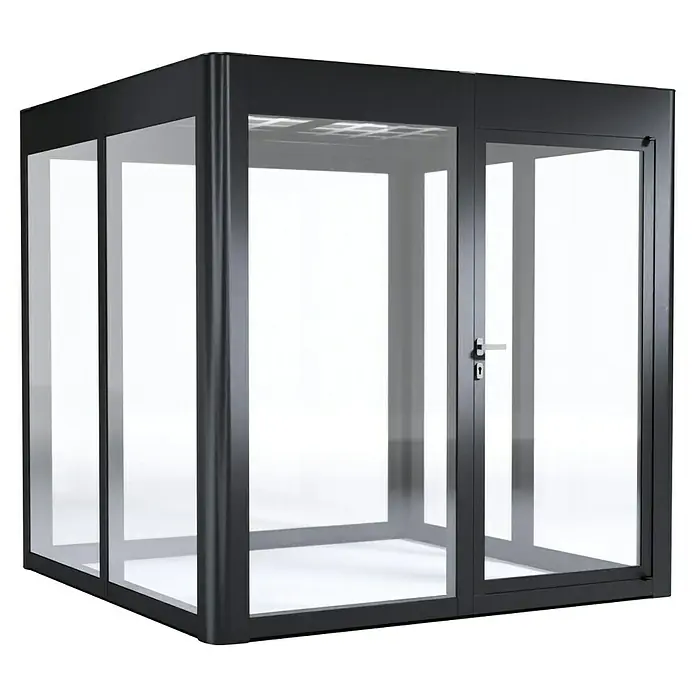 SunElements Gewächshaus SunGarden Energy 2.2 - Außenmaß inkl. Dachüberstand (B x T): 233 x 233 cm, Anthrazit-Metallic, Materialspezifizierung Dach: Acrylglas mit Photovoltaikmodulen - Dieser Würfel bietet einen Raum zum Arbeiten und Entspannen. Es ist ein schalldichter, modularer Arbeitsplatz mit Glastüren und -wänden.