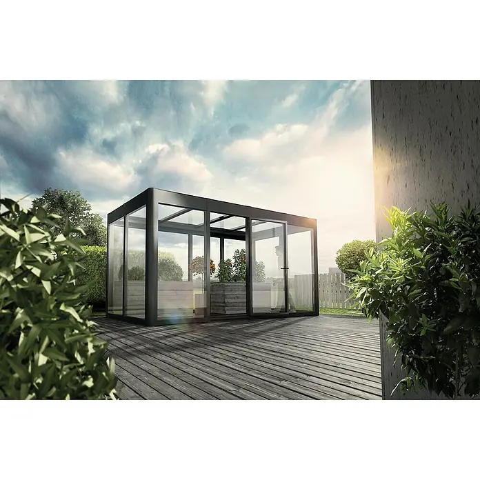SunElements Gewächshaus SunGarden Infinity 4.2 - Außenmaß inkl. Dachüberstand (B x T): 443 x 233 cm, Material Seitenwand: Kunststoff, 6 mm, Anthrazit-Metallic - Moderne Glaskonstruktion für den Garten. Das Glasgebäude steht auf einer Holzterrasse und bietet einen lichtdurchfluteten Raum.