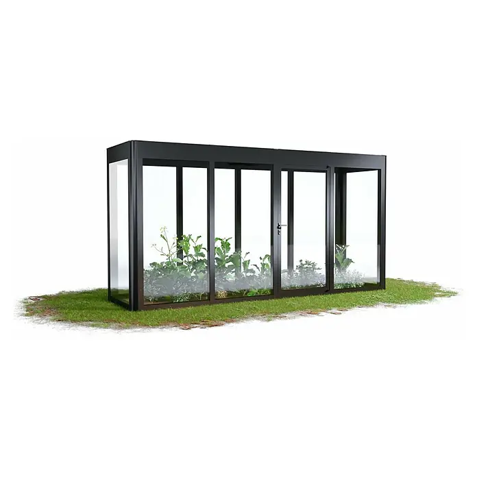SunElements Gewächshaus SunGarden Energy 4.1 - Außenmaß inkl. Dachüberstand (B x T): 443 x 128 cm, Anthrazit-Metallic, Materialspezifizierung Dach: Acrylglas mit Photovoltaikmodulen - Bild eines Gewächshauses mit Stahlrahmen, das auf einer Rasenfläche steht und verschiedene Pflanzen beherbergt.