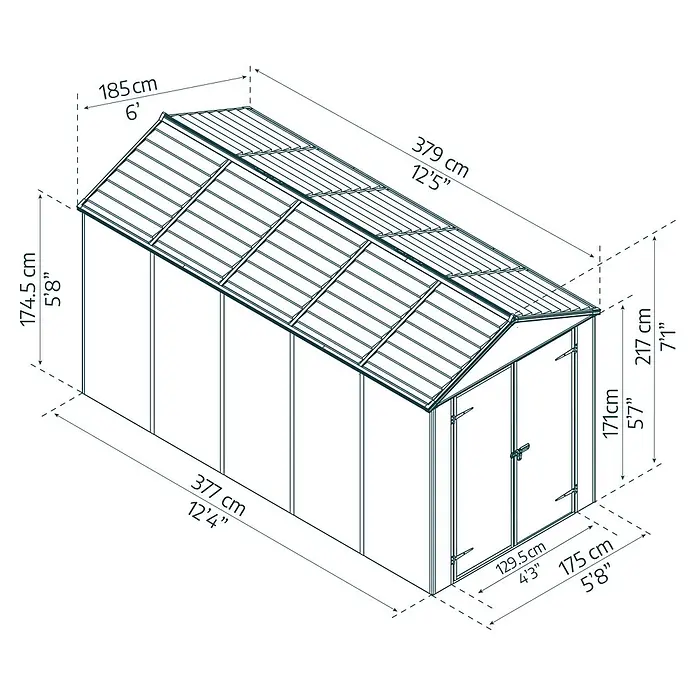 Palram – Canopia Caseta de jardín Rubicon - Medidas ext. (An x Pr): 1,85 x 3,78 m, Plástico, Gris - Vista tridimensional de un cobertizo de jardín, que muestra las dimensiones de altura, anchura y longitud en centímetros y pies.