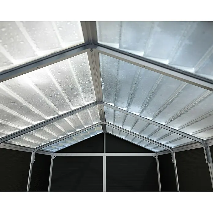 Palram – Canopia Gartenhaus Rubicon - Außenmaß inkl. Dachüberstand (B x T): 1,85 x 3,78 m, Kunststoff, Grau - Innenansicht eines Gartenhauses mit Metalldach und silberfarbenem Rahmen, das Stabilität und Schutz vor Witterungseinflüssen bietet.