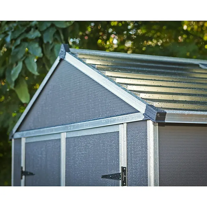 Palram – Canopia Gartenhaus Rubicon - Außenmaß inkl. Dachüberstand (B x T): 1,85 x 3,78 m, Kunststoff, Grau - Detailansicht eines grauen Metallschuppens mit Satteldach, ideal für die Gartenaufbewahrung.