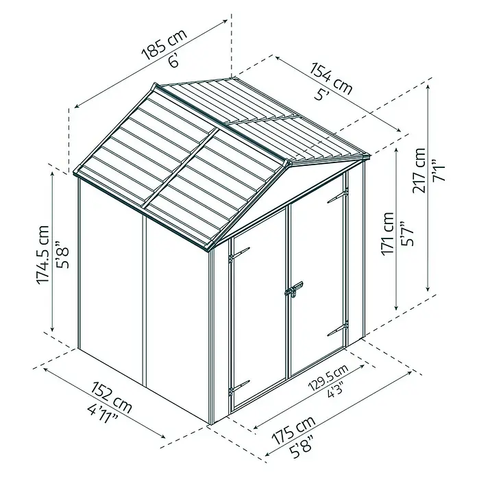 Palram – Canopia Caseta de jardín Rubicon - Medidas ext. (An x Pr): 1,85 x 1,54 m, Plástico, Gris - Dimensiones de la caseta de jardín con la altura, la anchura y la longitud indicadas en centímetros y pies.
