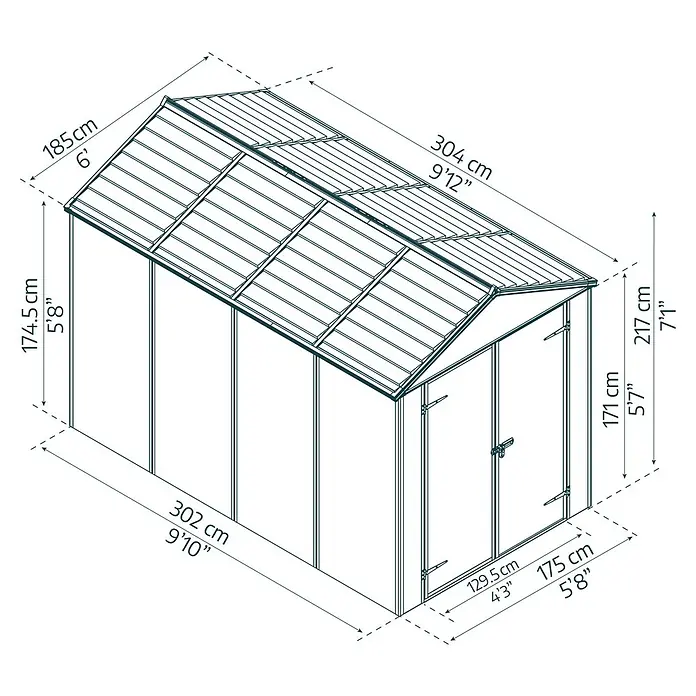 Palram – Canopia Caseta de jardín Rubicon - Medidas ext. (An x Pr): 1,85 x 3,03 m, Plástico, Gris - Diagrama de un cobertizo de jardín con dimensiones de longitud, altura y anchura.
