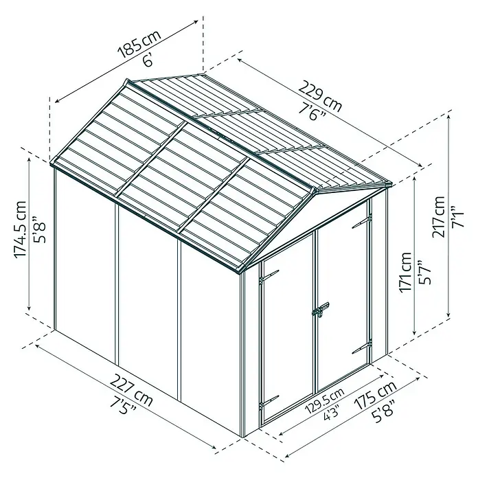 Palram – Canopia Caseta de jardín Rubicon - Medidas ext. (An x Pr): 1,85 x 2,29 m, Plástico, Gris - Diagrama de un cobertizo de jardín con medidas detalladas en centímetros y pies, destacando el tamaño y las dimensiones del producto.